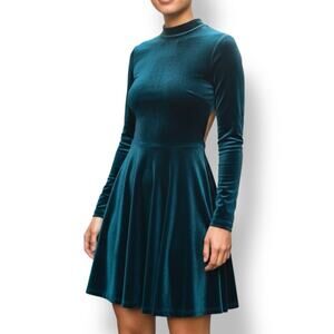 American Apparel Velvet Skater Dress Emerald Green Backless Long Sleeve Y2K Sz M